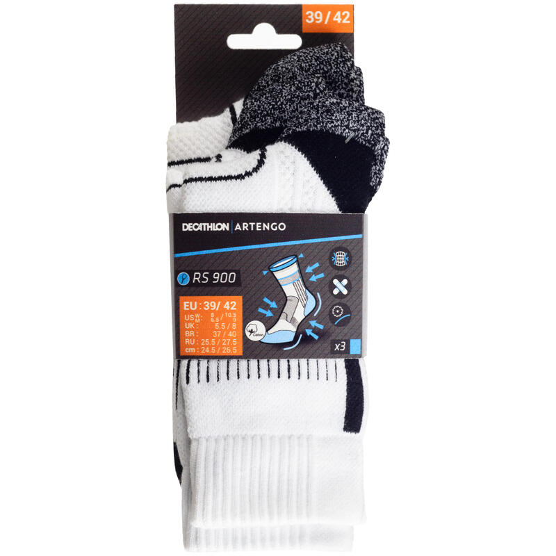 Calcetines altos de tenis Pack de 3 Artengo RS900 blanco