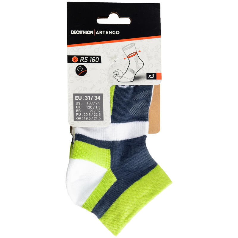 CHAUSSETTES DE SPORT ENFANT MI-HAUTES ARTENGO RS 160 GRIS BLANC JAUNE LOT DE 3