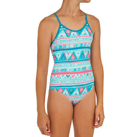 Haloa Girls' One-Piece Cross Back Swimsuit - Geo Blue