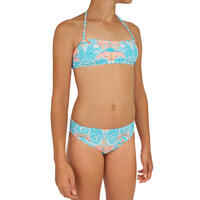 Girl’s two-piece surfing bandeau swimsuit.  LILOO MAORIA WHITE AND BLUE