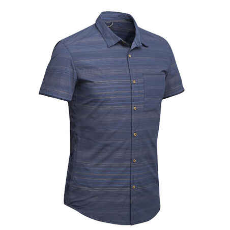Modra črtasta moška pohodniška srajca s kratkimi rokavi TRAVEL 100