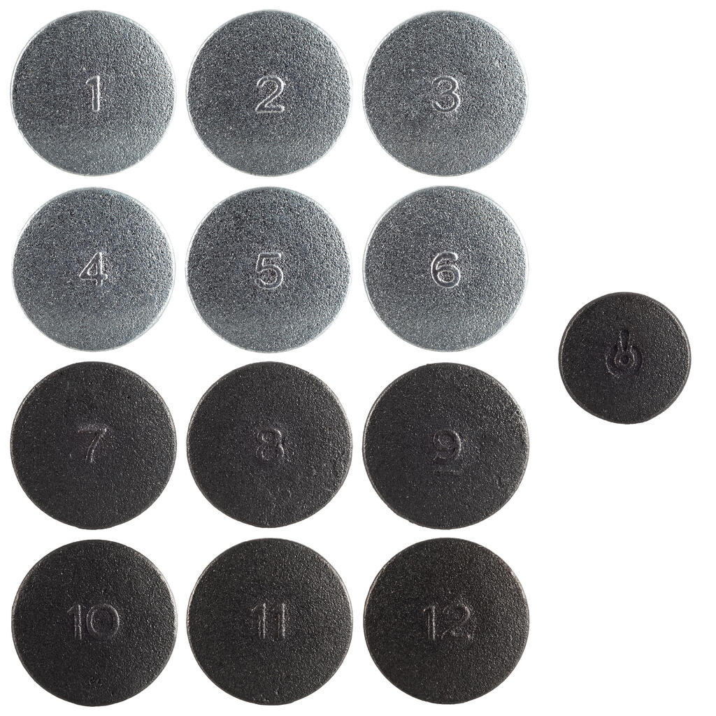 Set of 12 Coloured Cast Iron Discs + 1 Jack