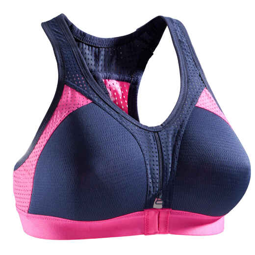 900 Women's Cardio Fitness Power Sports Bra - Navy Blue/Pink - Decathlon