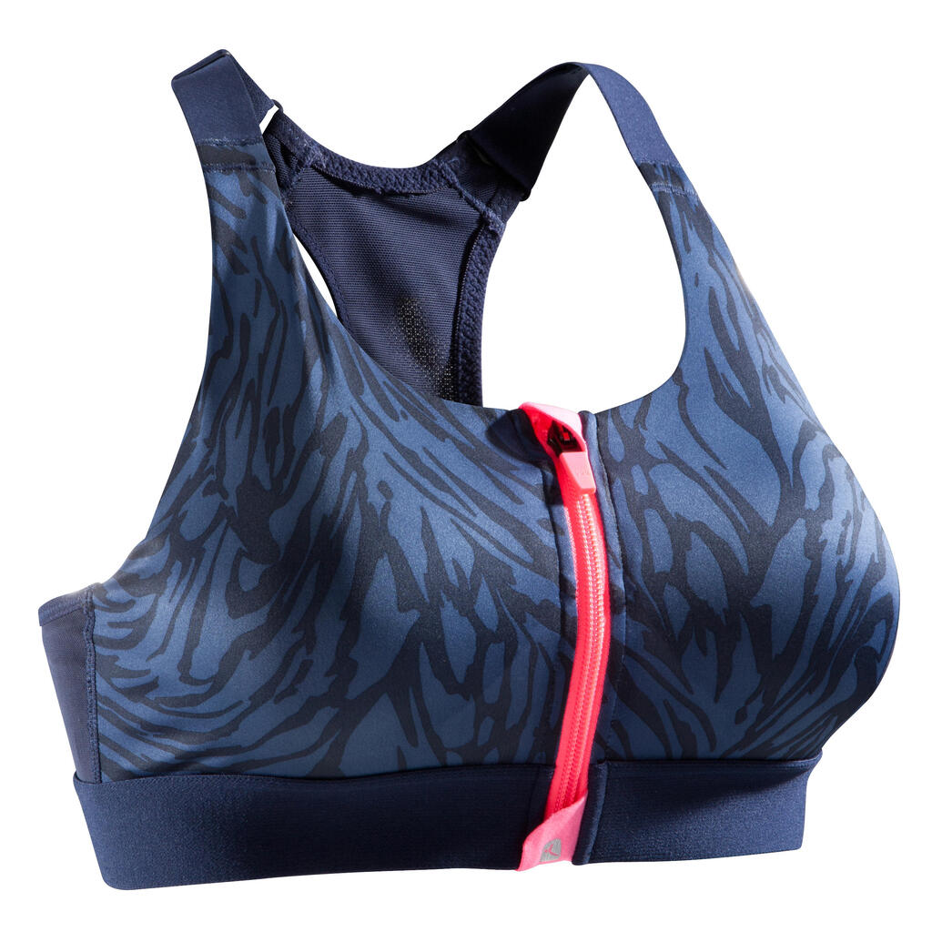 Sport-Bustier Zip FBRA 900 Fitness Cardio Damen schwarz/weiss Print  