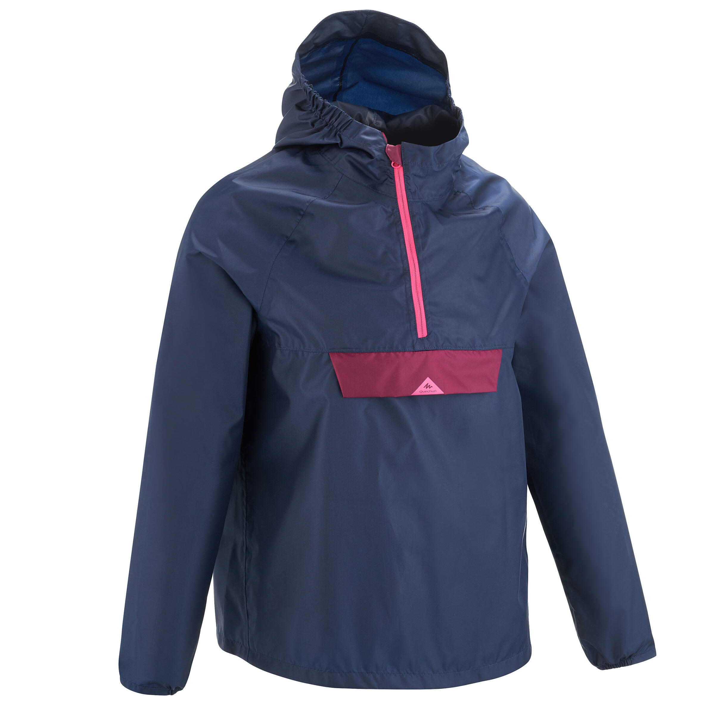 Children s hiking raincoat MH100 navy and pink ages 7 15