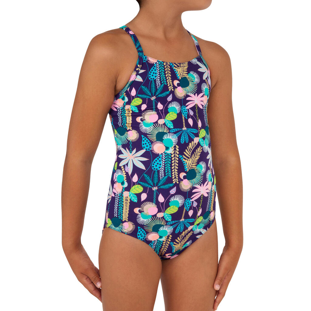 Maillot de bain 1 pièce rayé Fille - 100 Hanalei bleu rose