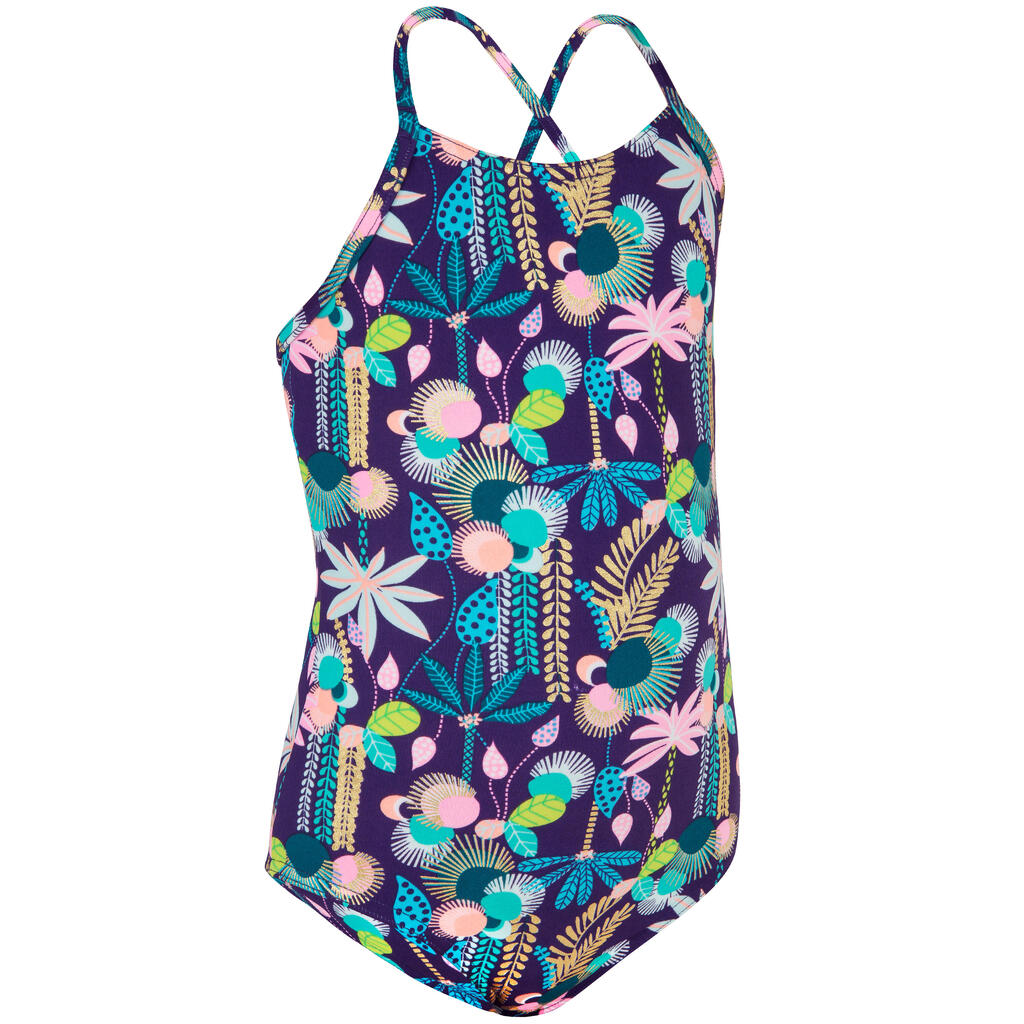 Girl's 1-piece striped swimsuit - 100 Hanalei blue pink