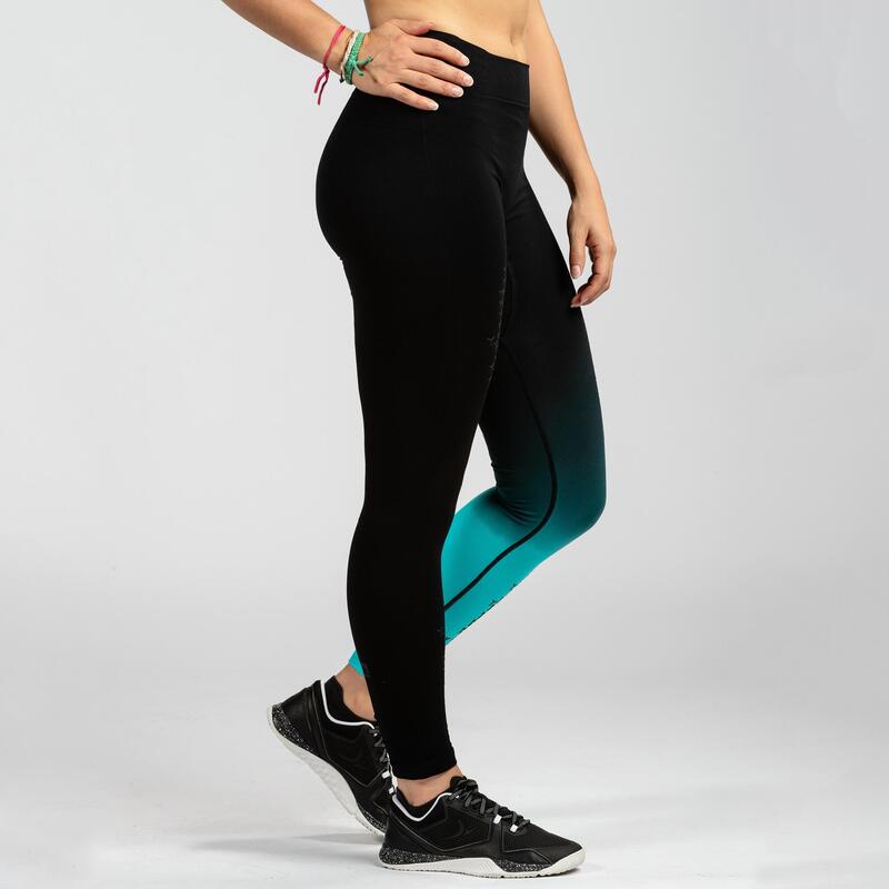 Leggings mallas fitness Mujer Domyos Cross 900 negro turquesa