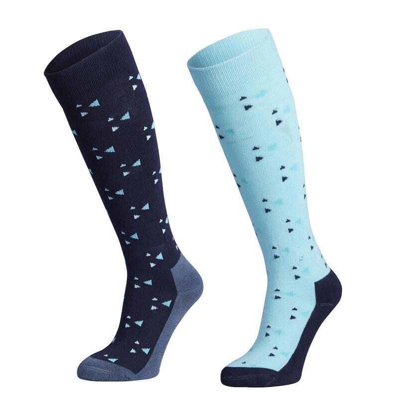 Chaussettes équitation fille 500 PRINT bleu marine et turquoise