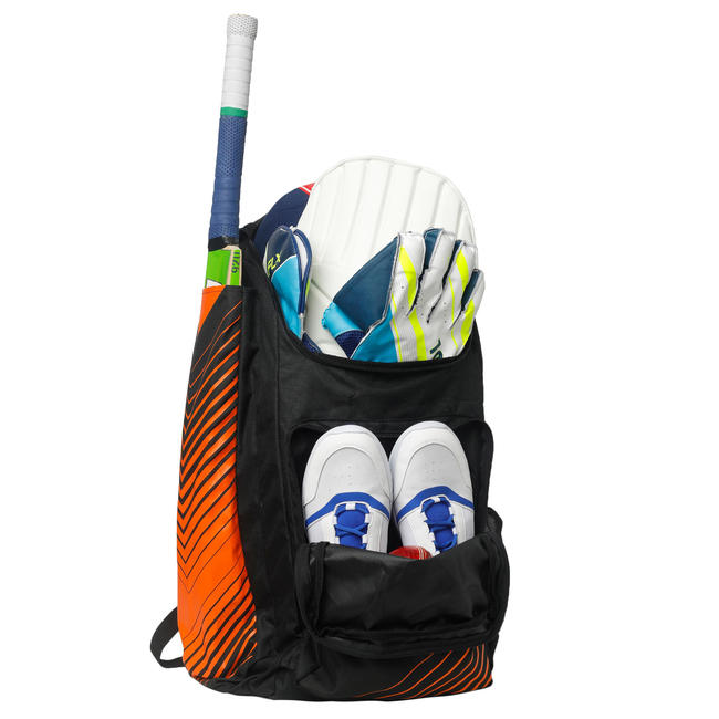JUNIOR CRICKET BAG FOR EQUIPMENT (WITH BAT POUCH), BLACK/ORANGE