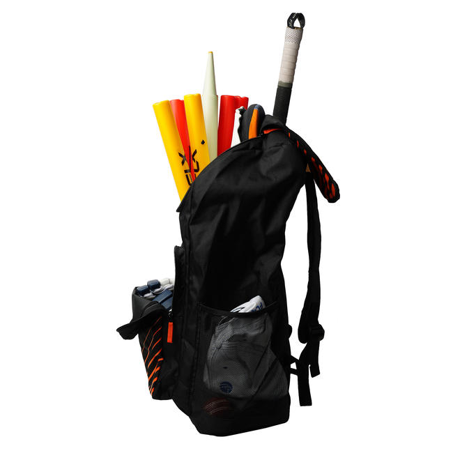 JUNIOR CRICKET BAG FOR EQUIPMENT (WITH BAT POUCH), BLACK/ORANGE