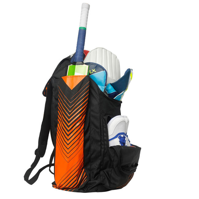 JUNIOR CRICKET BAG FOR EQUIPMENT (WITH BAT POUCH), BLACK/ORANGE