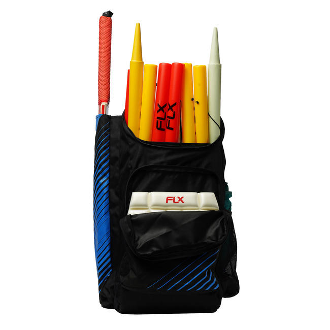 Junior cricket bag for equipment (with bat pouch), black/blue