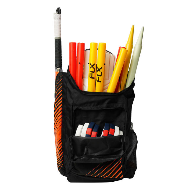 JUNIOR CRICKET BAG FOR EQUIPMENT (WITH BAT POUCH), BLACK/ORANGE