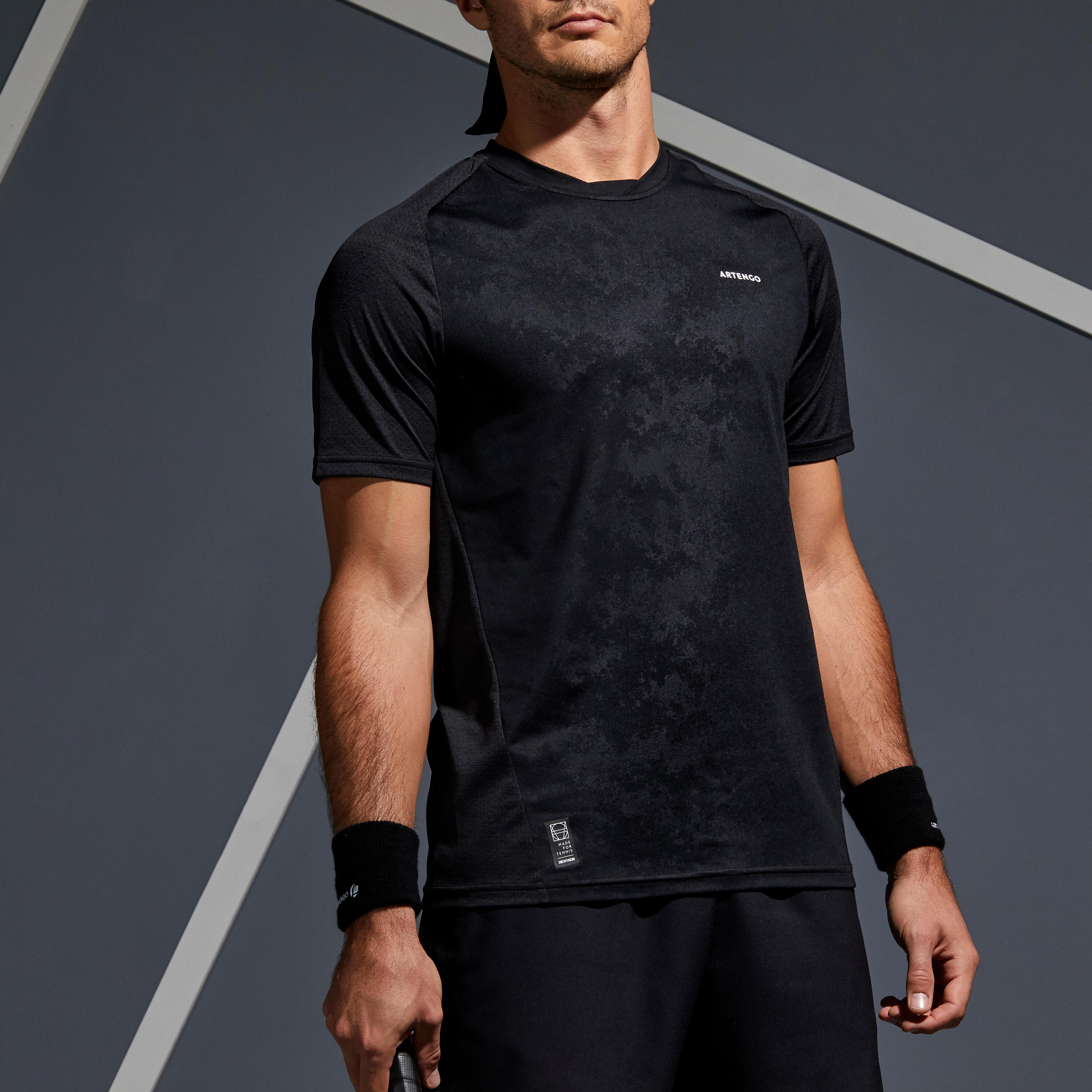 ARTENGO Men's Short-Sleeved Tennis T-Shirt TTS 500 Dry - Black/Grey