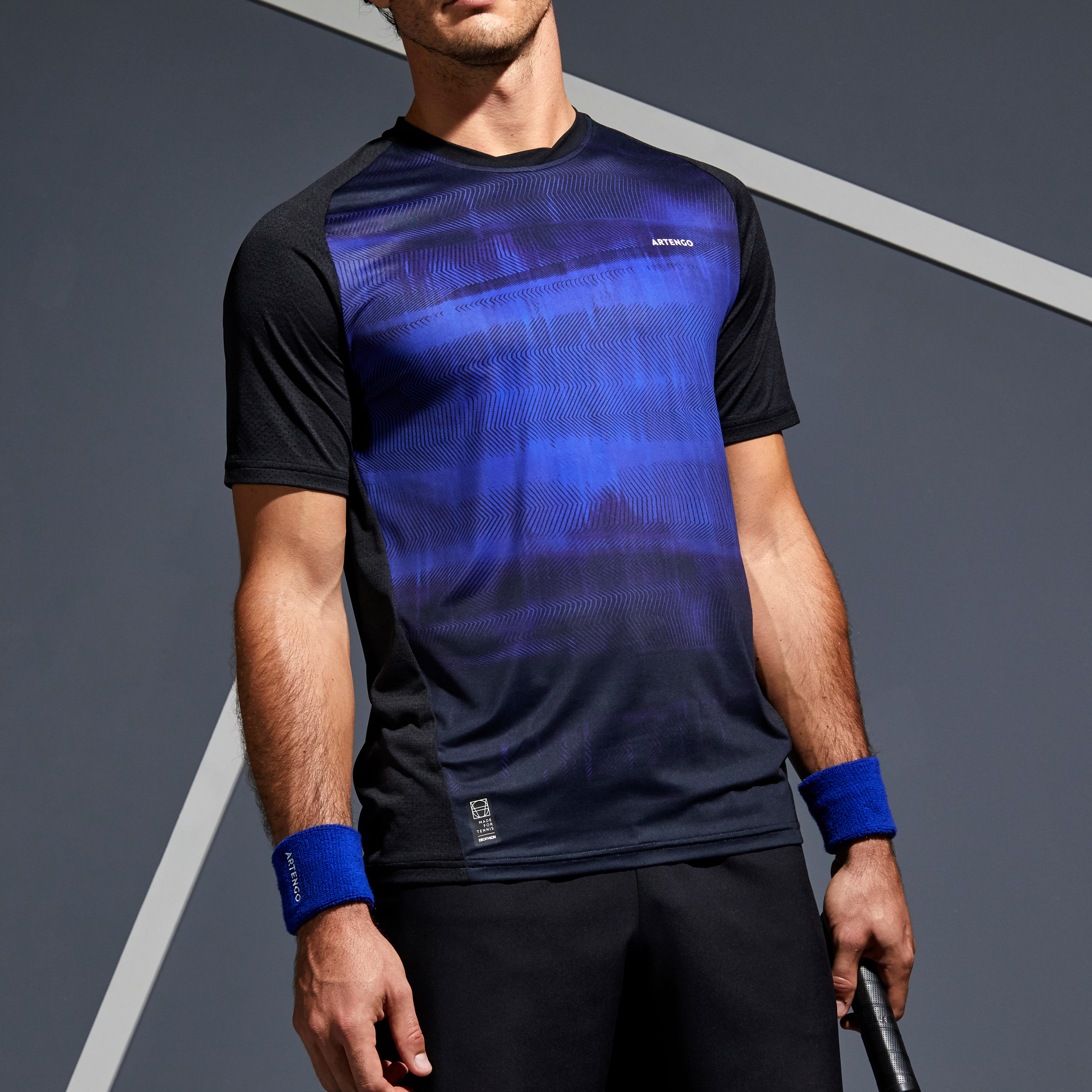 Men s Tennis T Shirt TTS 500 Dry Black Blue Decathlon