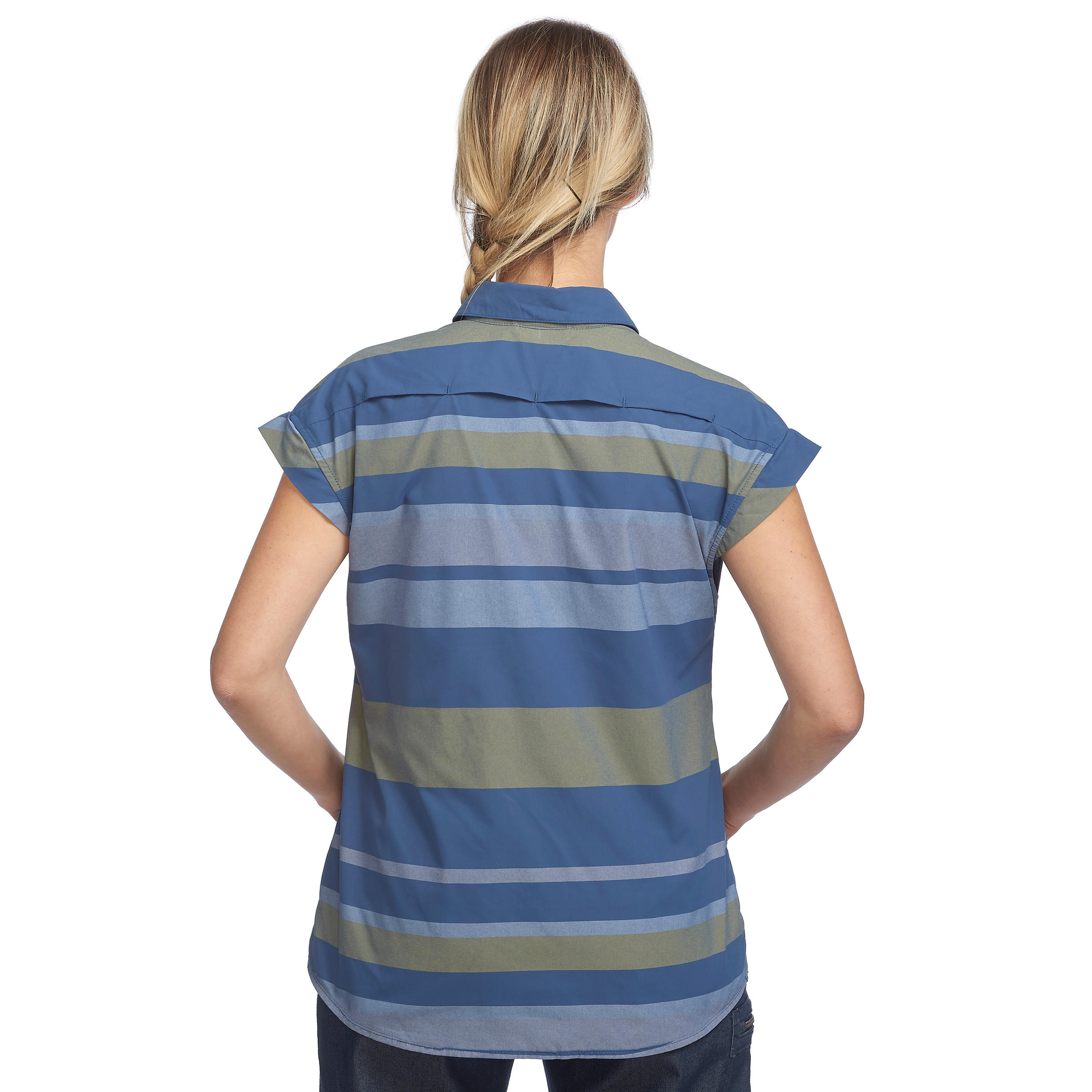 Trekkingblouse met korte mouwen Travel 100 fresh dames blauw gestreept 4/7