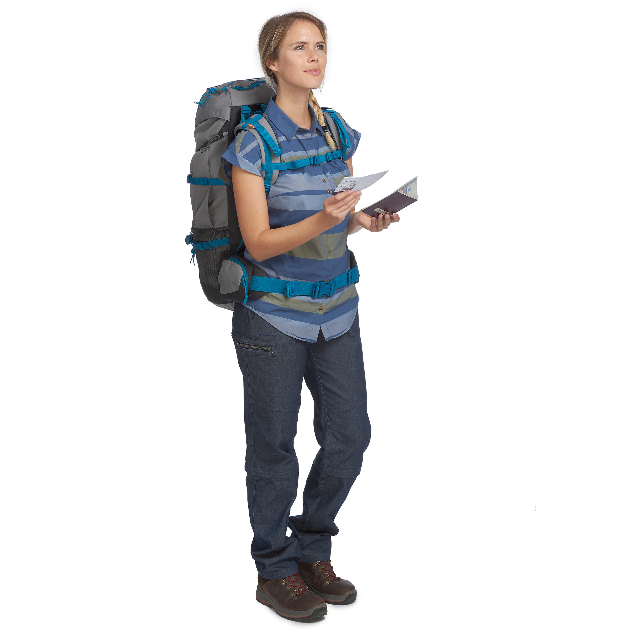 Trekkingblouse met korte mouwen Travel 100 fresh dames blauw gestreept 7/7