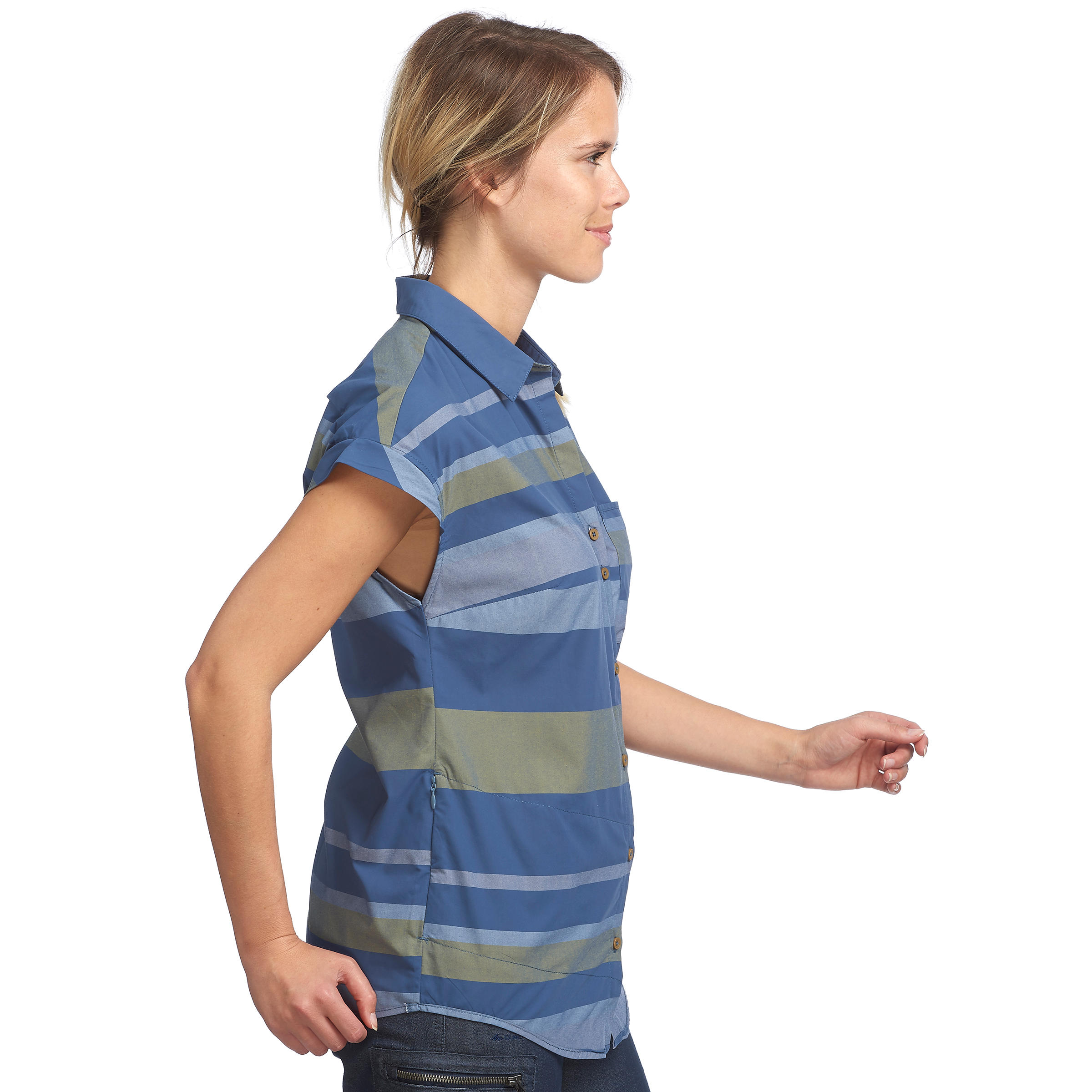 Trekkingblouse met korte mouwen Travel 100 fresh dames blauw gestreept 3/7
