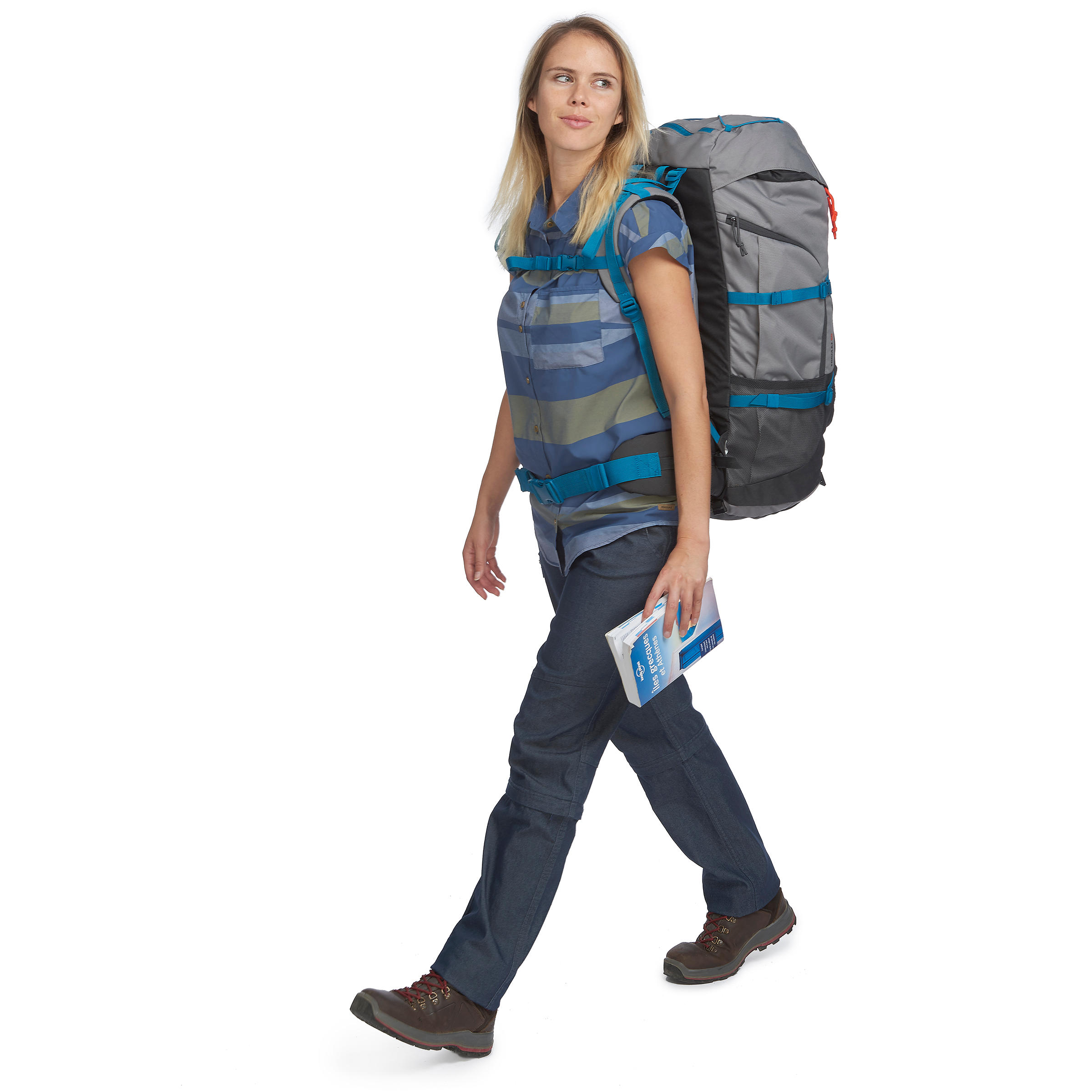 Trekkingblouse met korte mouwen Travel 100 fresh dames blauw gestreept 2/7