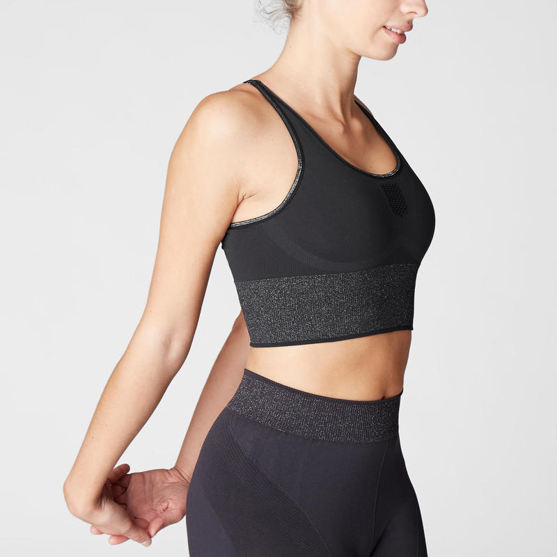 BRASSIERE LONGUE SANS COUTURES YOGA DYNAMIQUE NOIR / SILVER DECATHLON