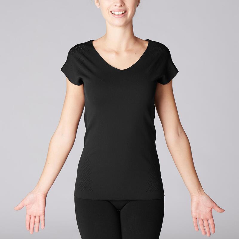 Camiseta Seamless Manga Corta Mujer Yoga con Motivos Calados Negro