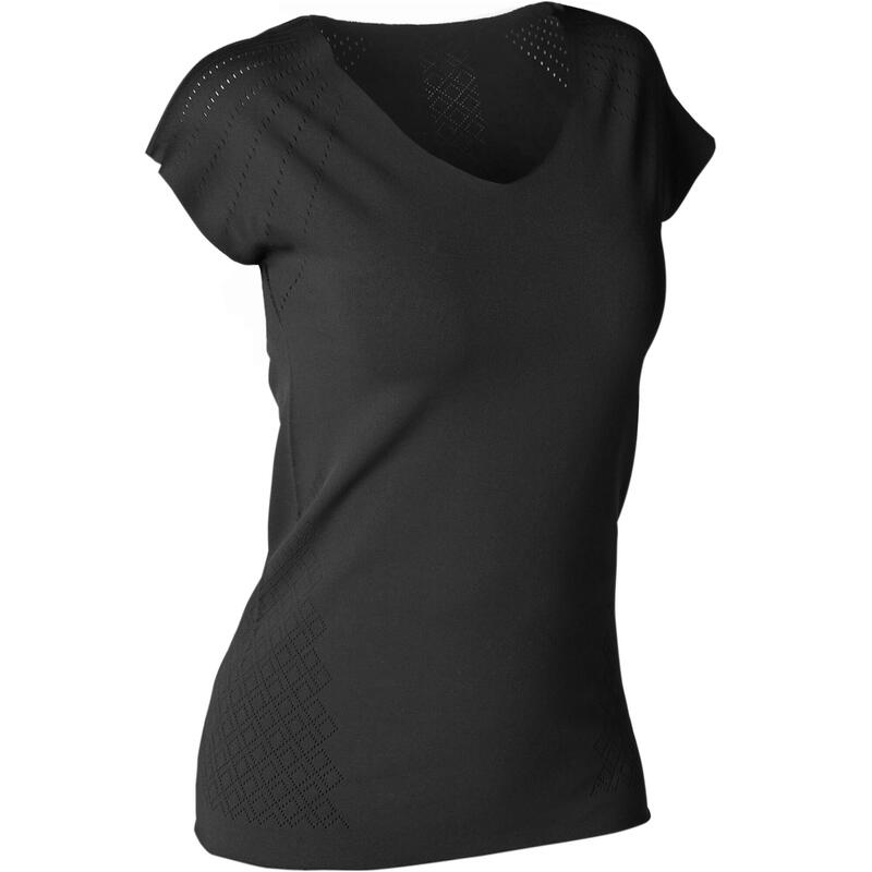 T-SHIRT YOGA DYNAMIQUE FEMME SECONDE PEAU TECH MOTIF AJOURE NOIR