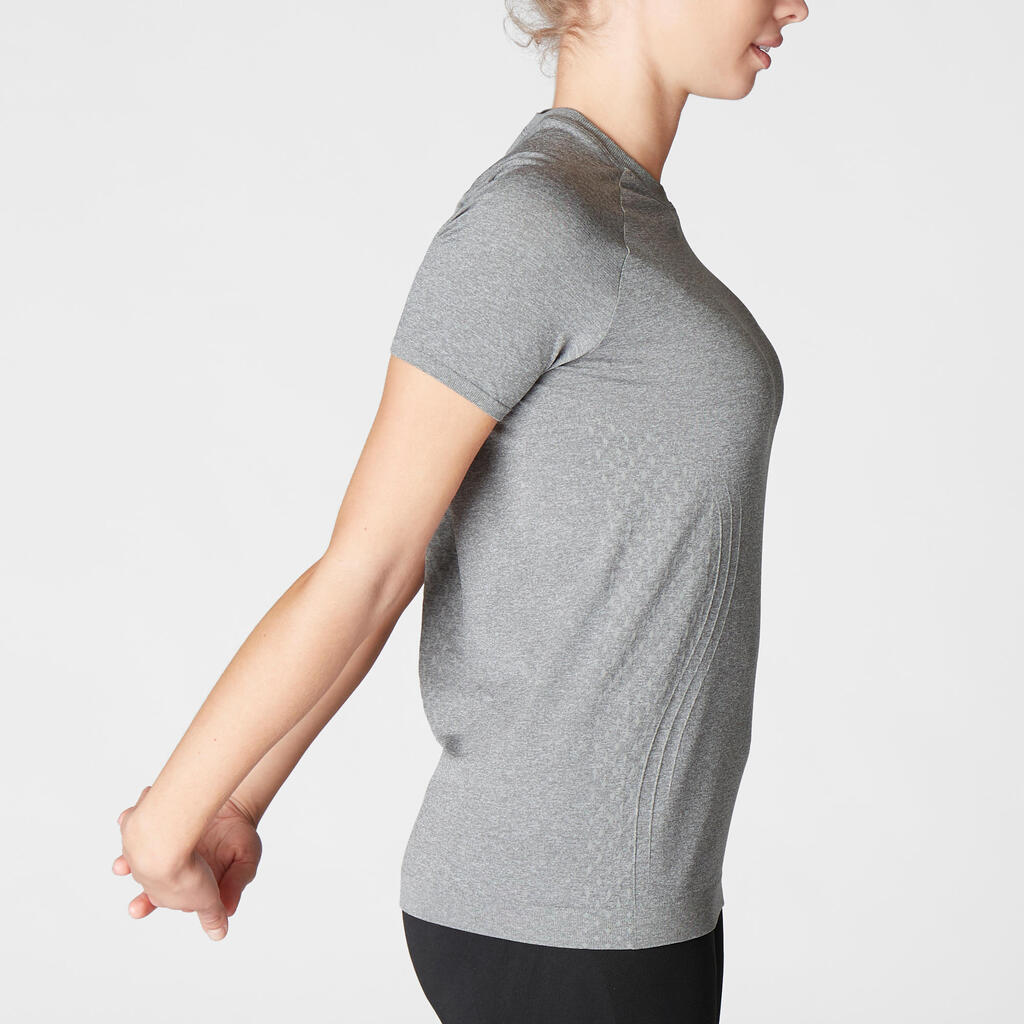 T-SHIRT YOGA DYNAMIQUE FEMME SANS COUTURES GRIS CHINE