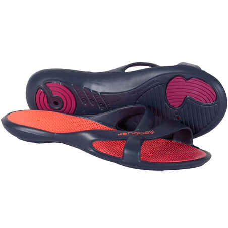 WOMEN'S POOL SANDALS SLAP 500 NAVY BLUE PRINTED PINK