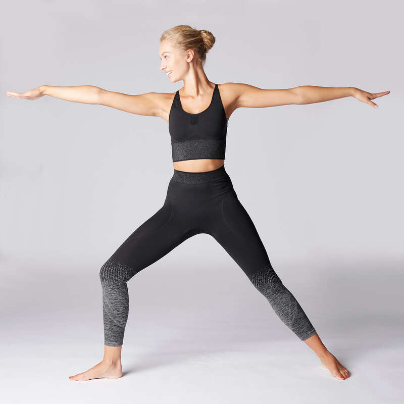 WOMAN YOGA APPAREL - Women's Yoga Seamless Leggings - Black/Silver DOMYOS
