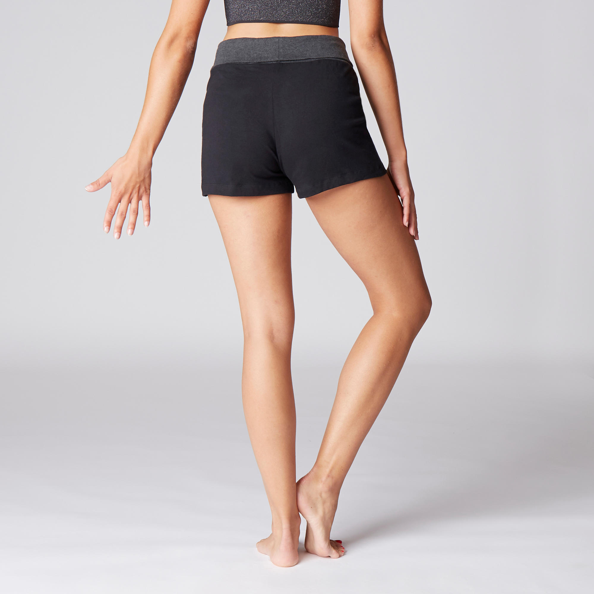 Women s Cotton Yoga Shorts Black Grey Marl Decathlon