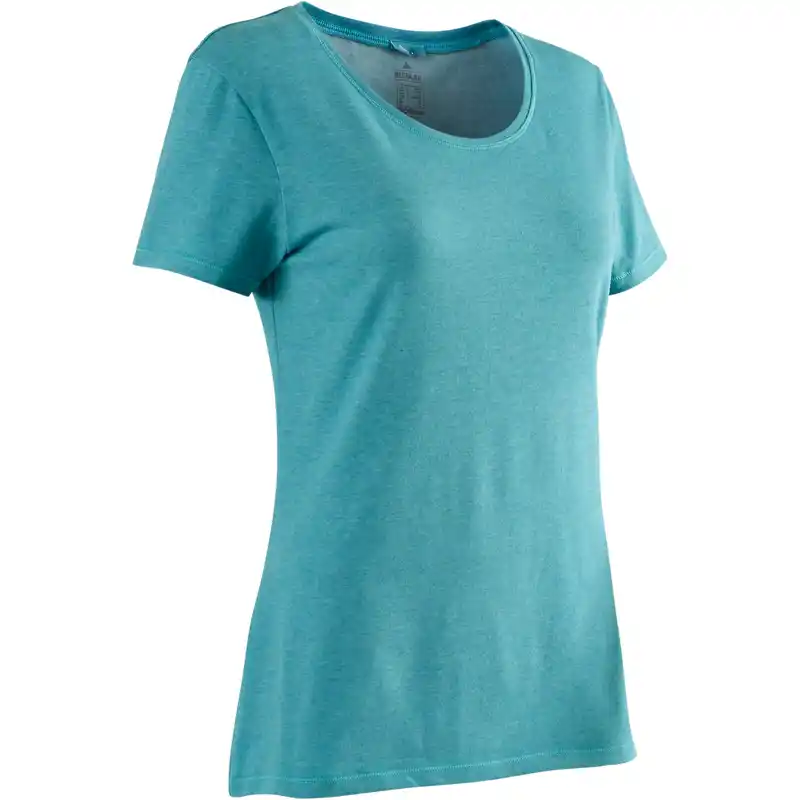 Women's Short-Sleeved Crew Neck Stretch Cotton Fitness T-Shirt 500 - Turquoise