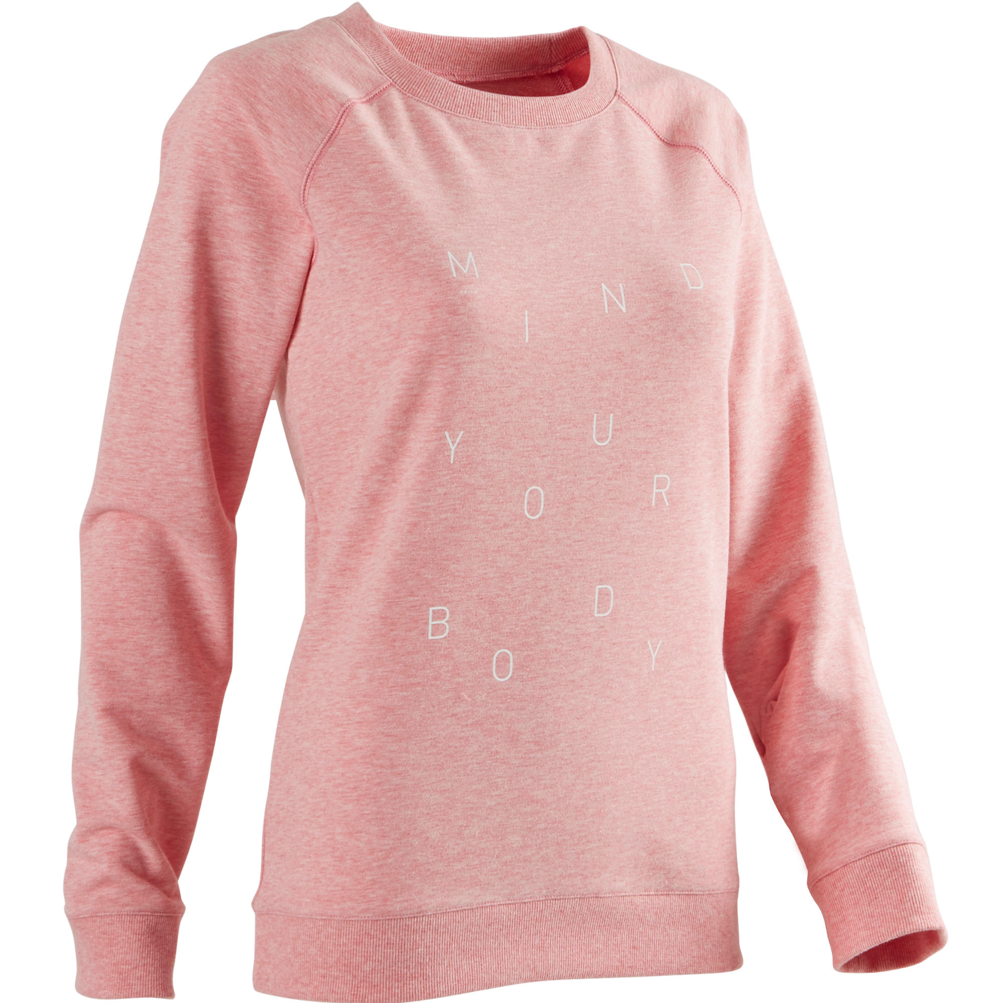 Domyos Damessweater 500 Voor Pilates Of Lichte Gym Roze Met Opdruk domyos kopen in de aanbieding