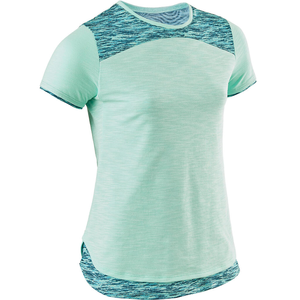 500 Girls' Breathable Cotton Short-Sleeved Gym T-Shirt - Green/Blue