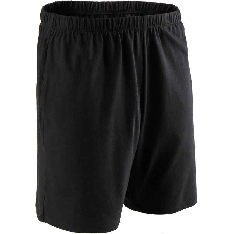 Men's Short Straight-Cut Cotton Fitness Shorts 100 With Key Pocket - Black