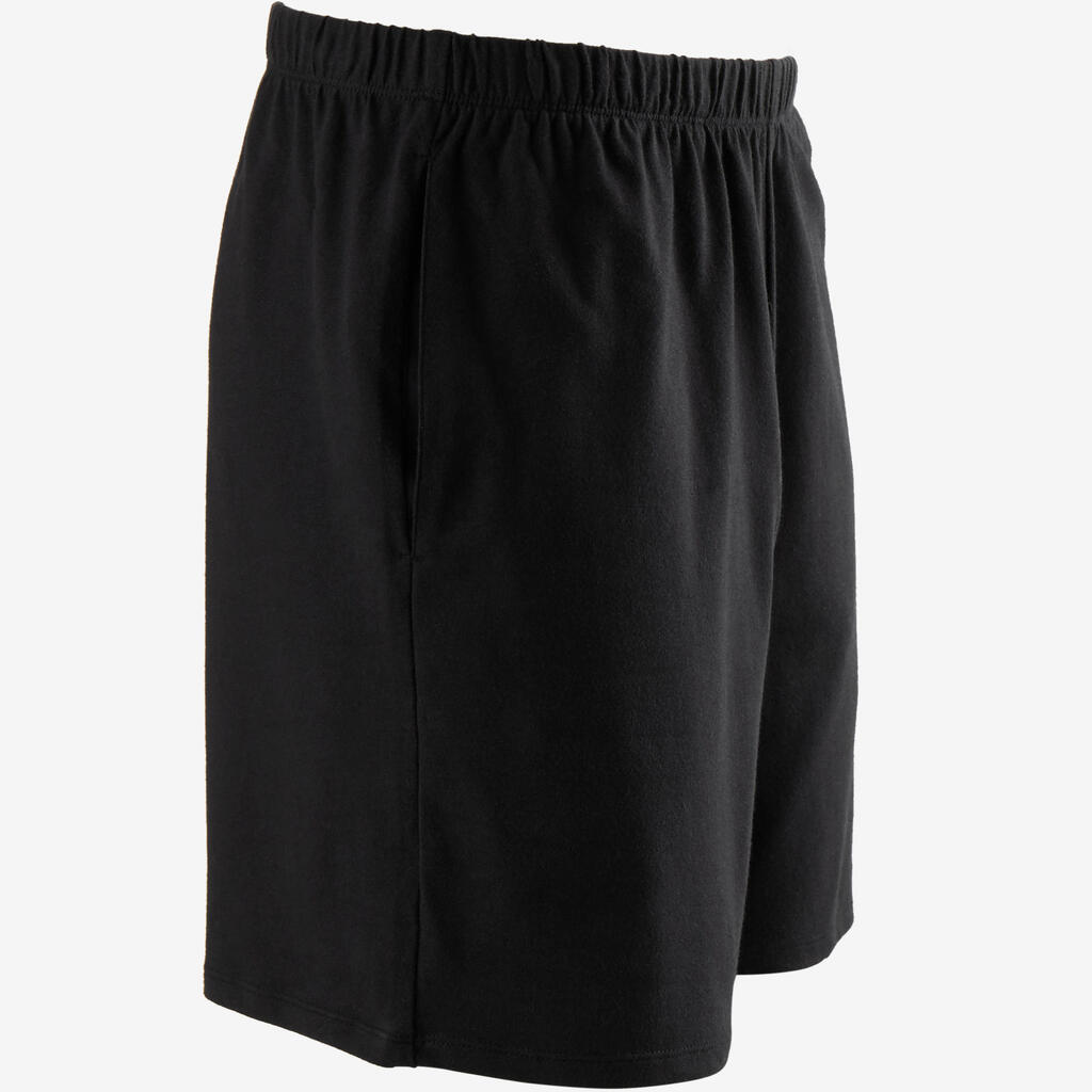 Men's Short Straight-Cut Cotton Fitness Shorts 100 With Key Pocket - Black