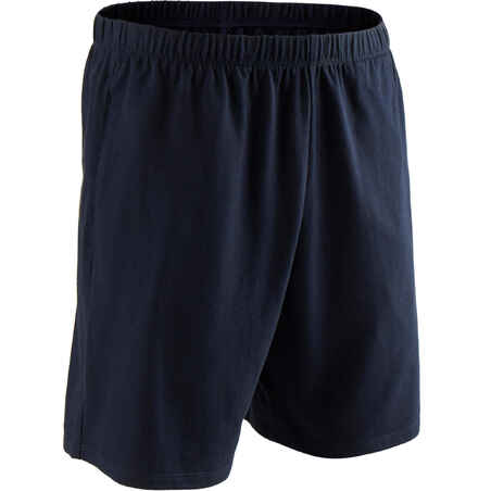 Men's Short Straight-Cut Cotton Fitness Shorts 100 With Key Pocket - Blue