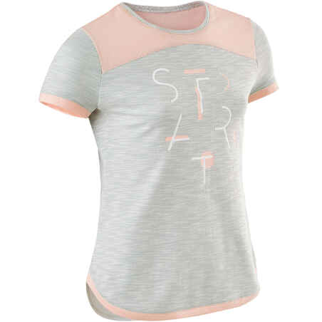 500 Girls' Breathable Cotton Short-Sleeved Gym T-Shirt - Grey/Pink Print