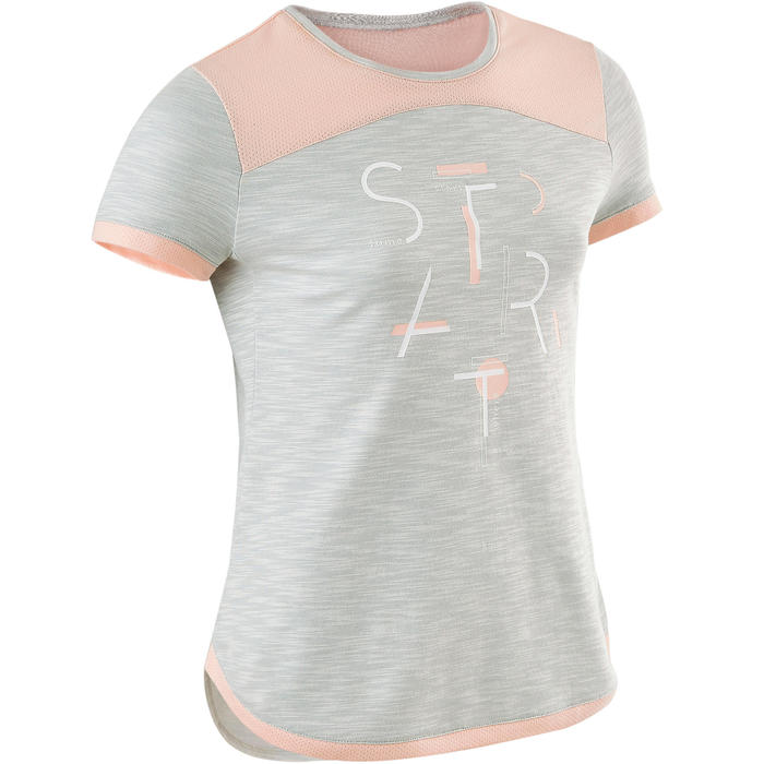 Camiseta Manga Corta Deportiva Gimnasia Domyos 500 Nina Gris Rosa
