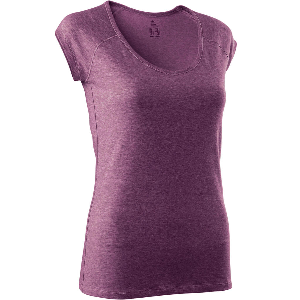 500 Women's Slim-Fit Pilates & Gentle Gym T-Shirt - Mottled Light Pink