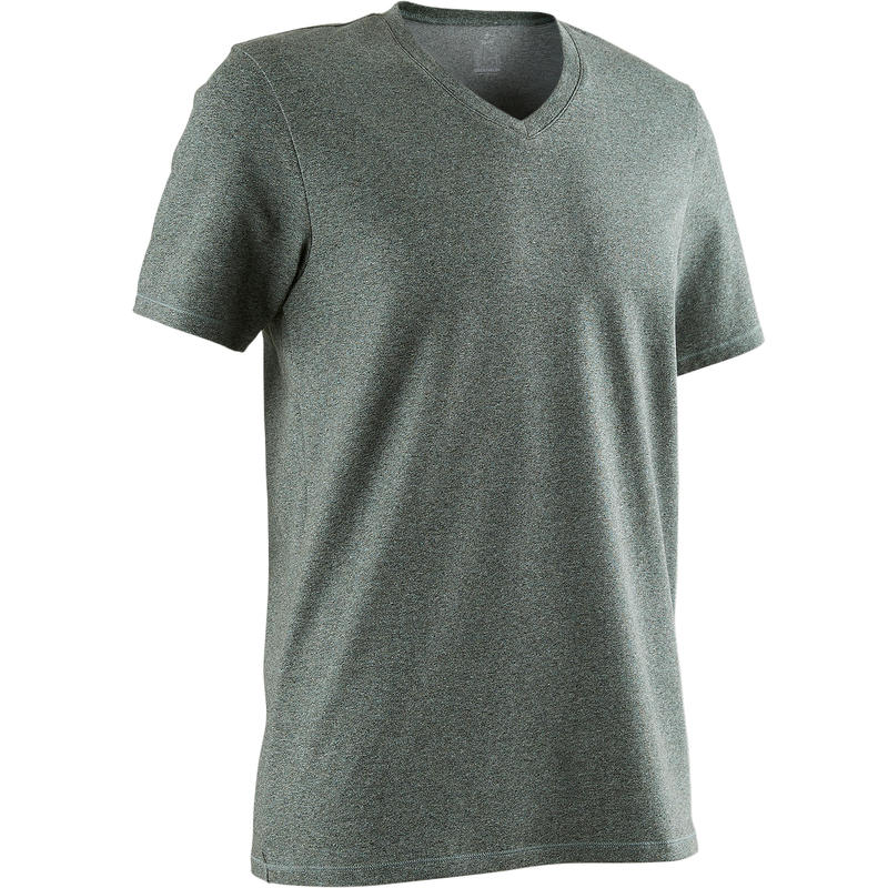T-shirt homme 500 col V coupe slim vert chiné