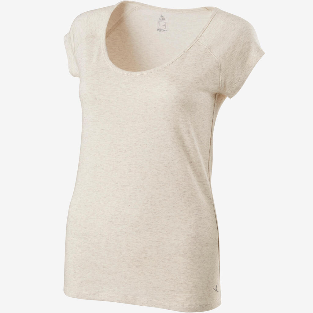 T-Shirt 500 Slim Gym & Pilates Damen beige meliert