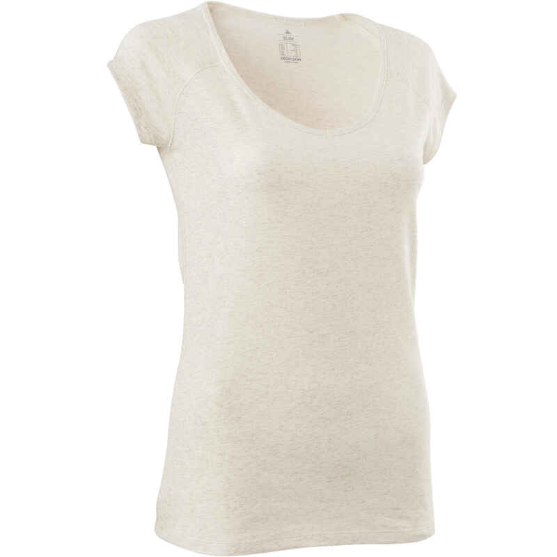 500 Women's Slim-Fit Pilates & Gentle Gym T-Shirt - Mottled Beige