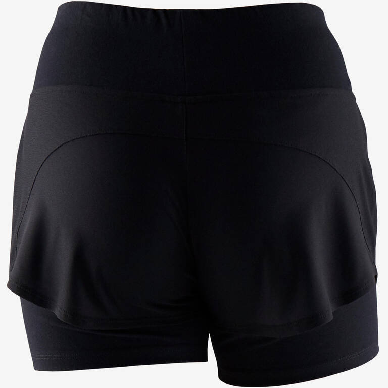 Women's Fitness 2-in-1 Cotton Shorts and Undershorts - Black