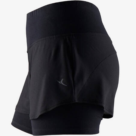 Women's Fitness 2-in-1 Cotton Shorts and Undershorts - Black