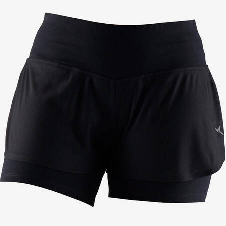 Women's Fitness 2-in-1 Cotton Shorts and Undershorts - Black