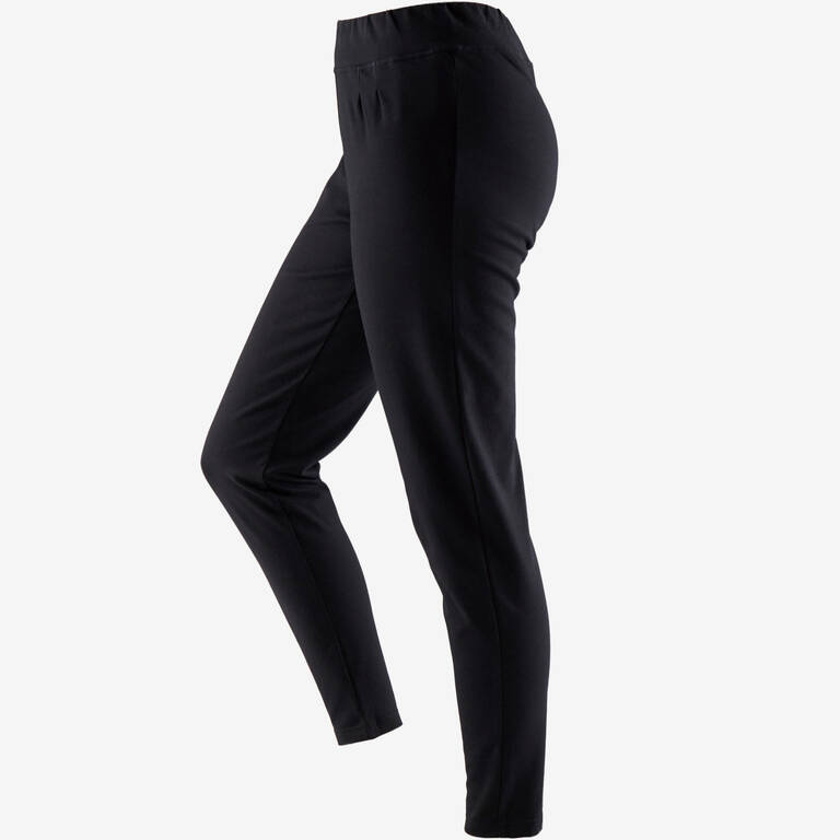 Women's Straight-Cut Cotton-Rich Jogging Fitness Bottoms 100 - Black