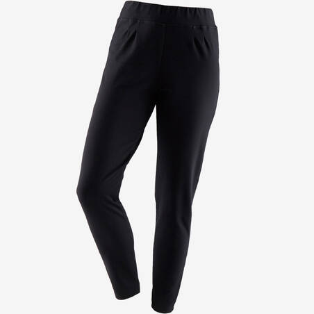 Women's Straight-Cut Cotton-Rich Jogging Fitness Bottoms 100 - Black