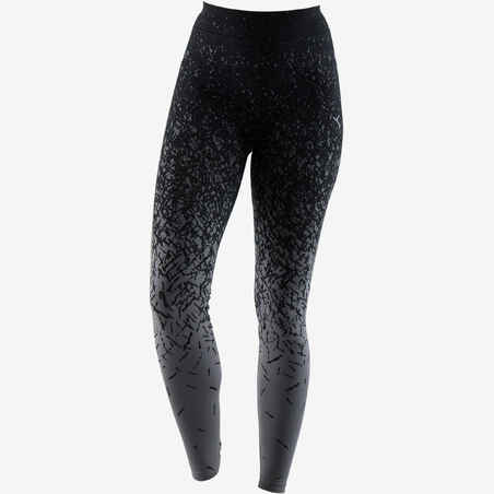 Fit+ 500 Women's Slim-Fit Gentle Gym & Pilates Leggings - Black AOP/Dark Grey