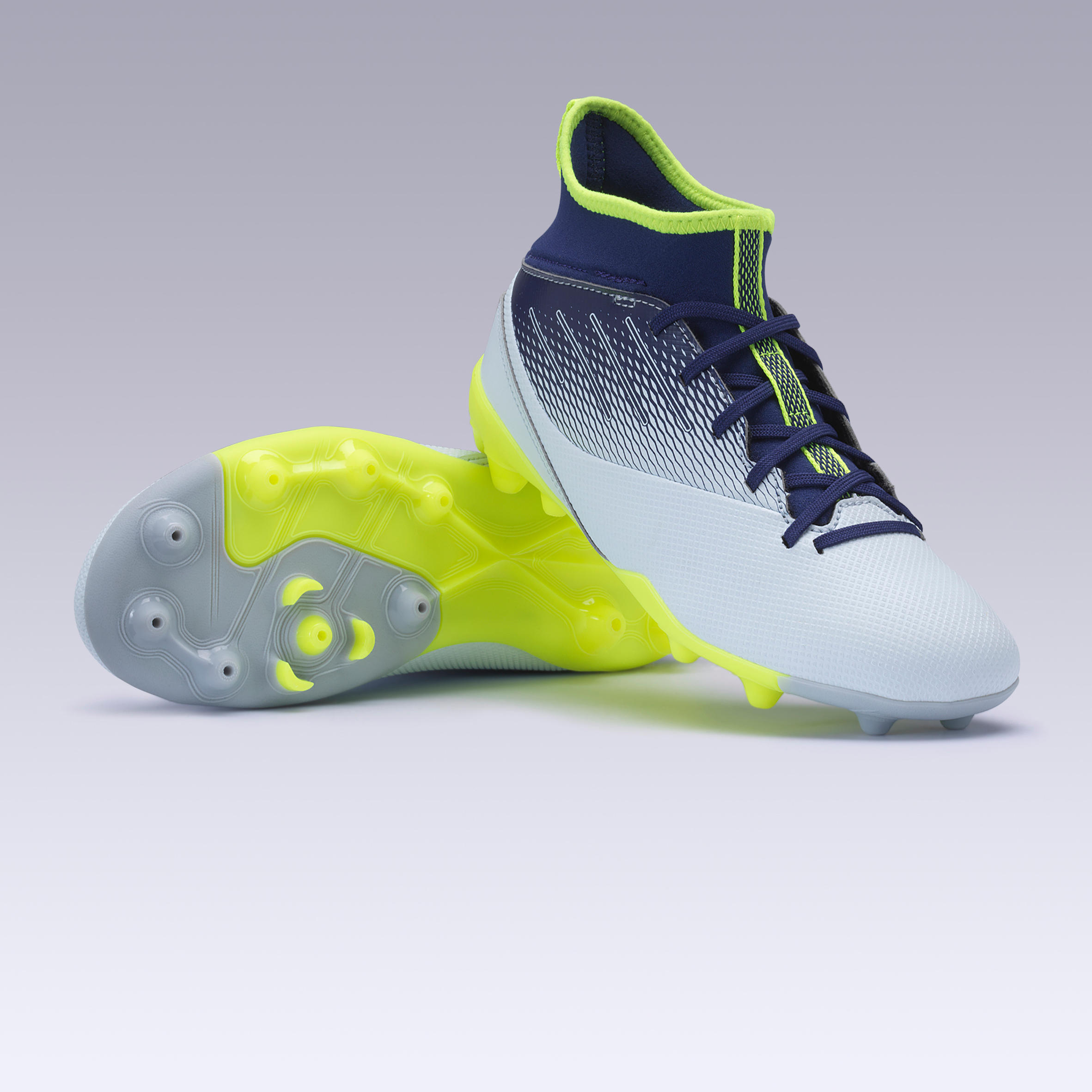 Guayos de fútbol júnior AGILITY 500 caña alta suela MG gris y azul -  Decathlon